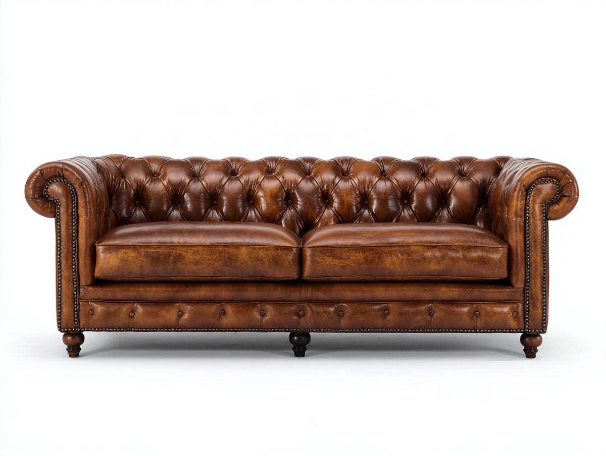 Divano a due posti-Pelle-185x85x75 cm-Marrone-Stile Chesterfield classico