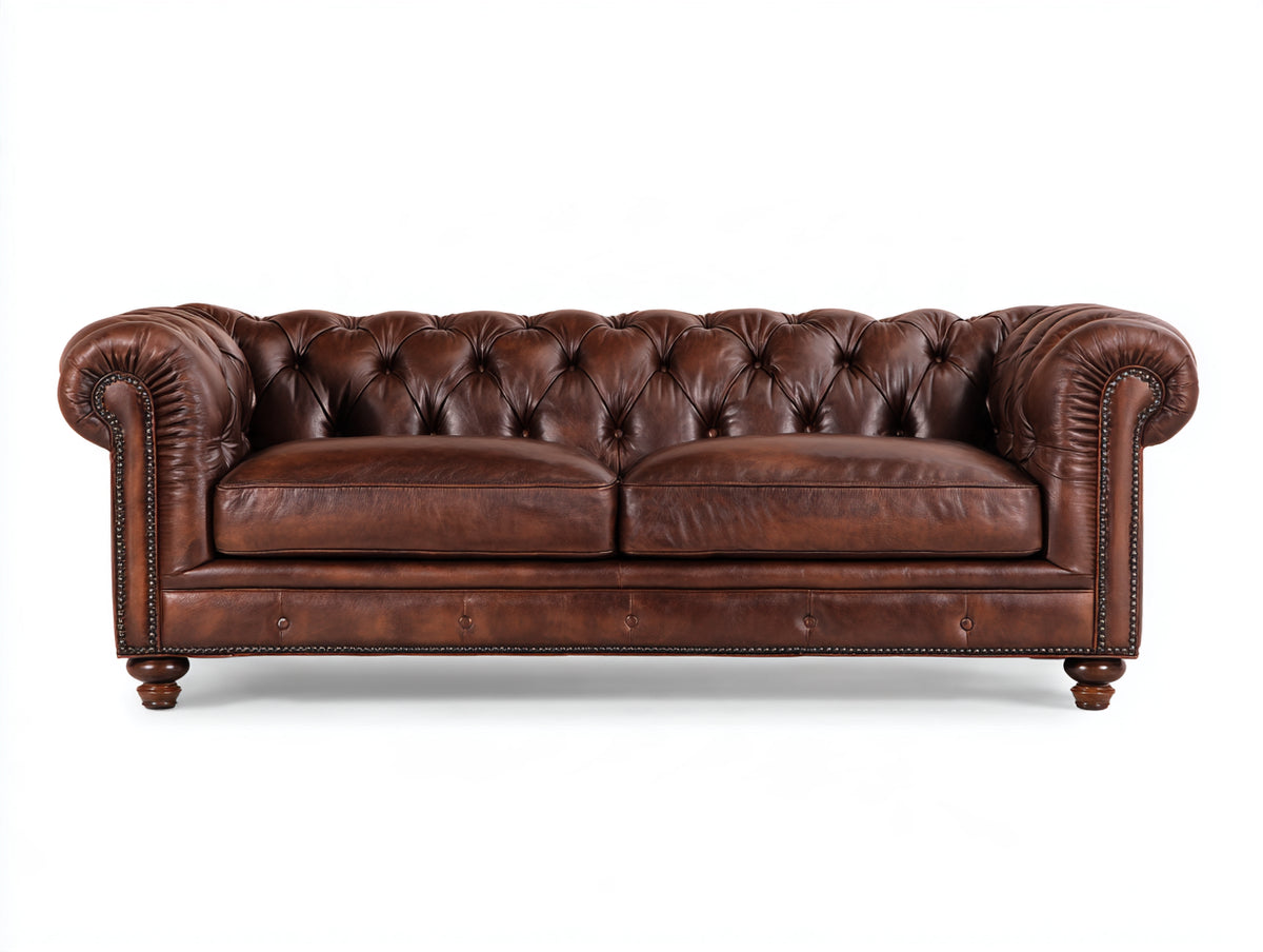 Divano a due posti-Pelle-185x90x78 cm-Marrone-Stile Chesterfield classico