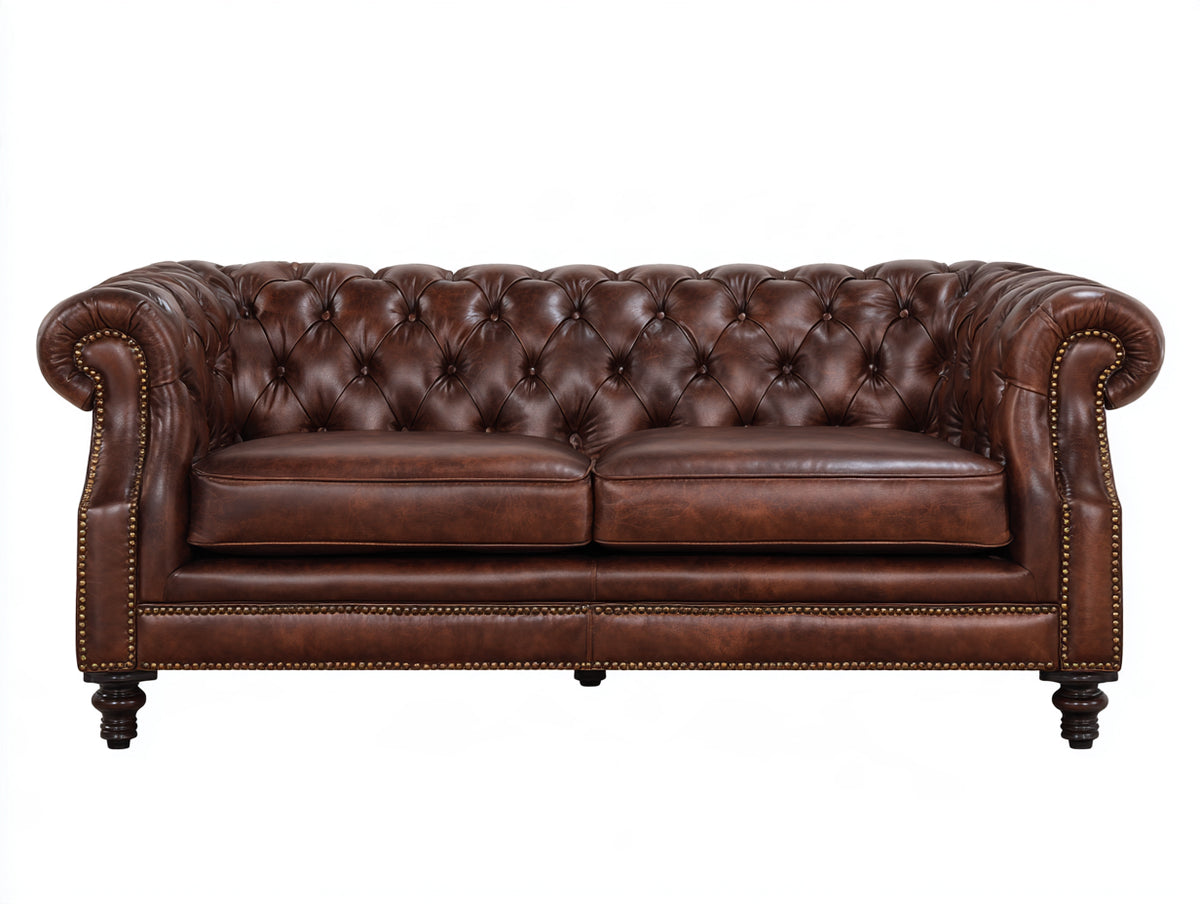 Divano a due posti-Pelle-185x90x78 cm-Marrone-Stile Chesterfield classico